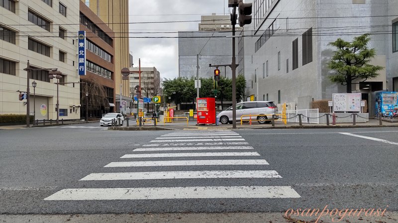 中の橋の通りの横断歩道（中津川沿いコースの曲がり角）