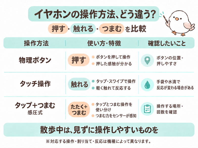 イヤホンの操作方法の比較図。物理ボタン（押す）、タッチ操作（触れる）、タップ＋つまむ（感圧式）の違い