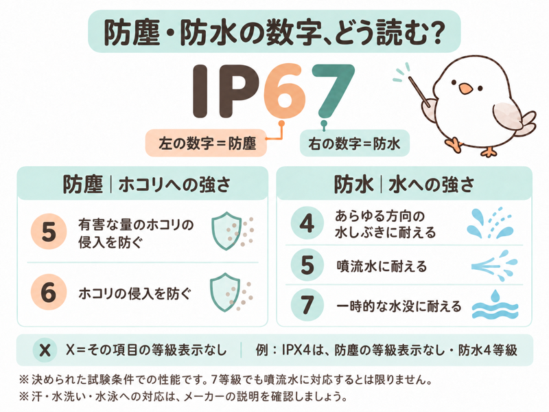 防塵・防水の数字の読み方の図解。IP67を例に、左の数字が防塵、右の数字が防水の等級を表す